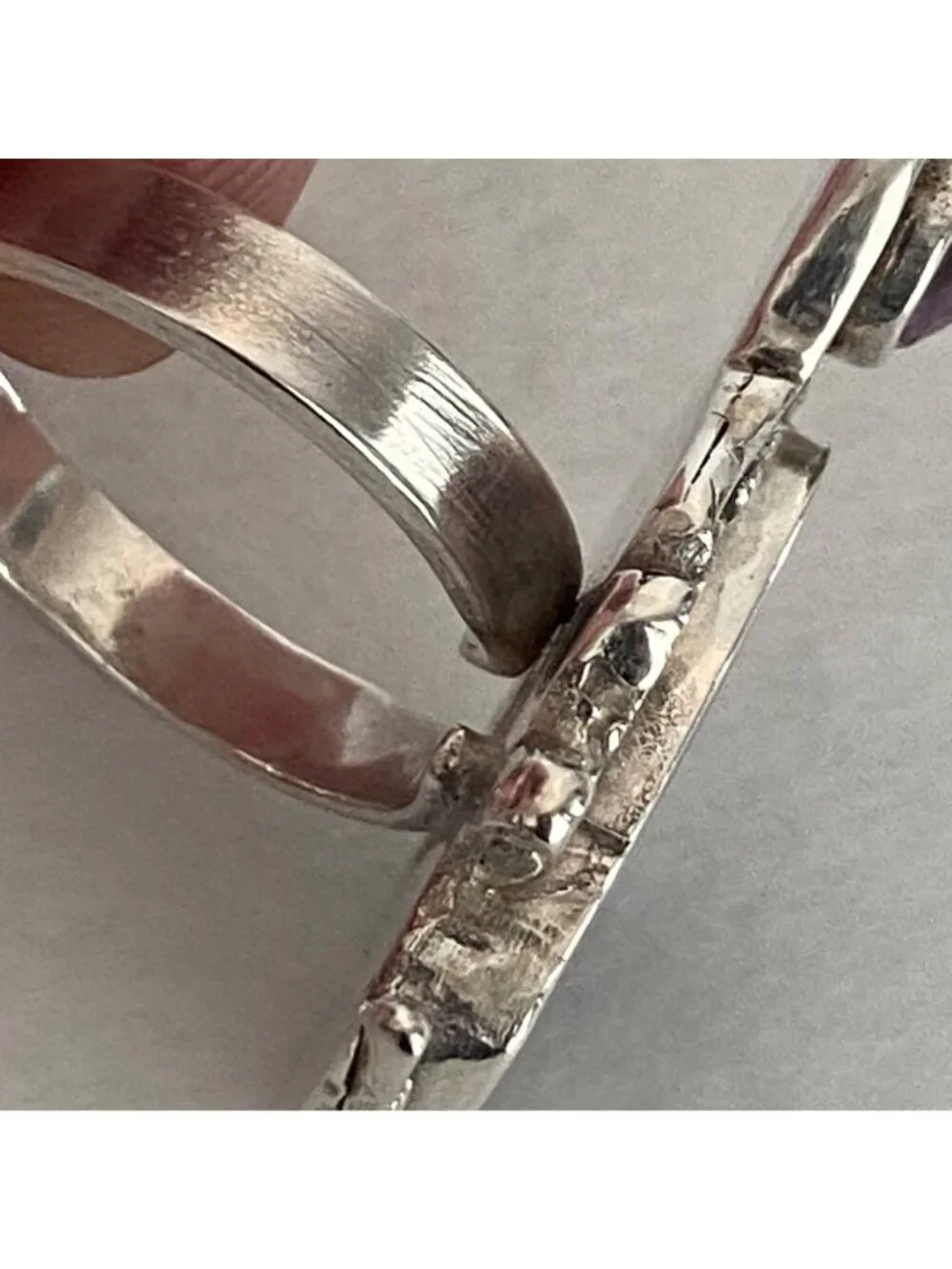Sterling Silver 925 Brutalist Modernist Amethyst & Agate Ring Adjustable 7.5 - 8